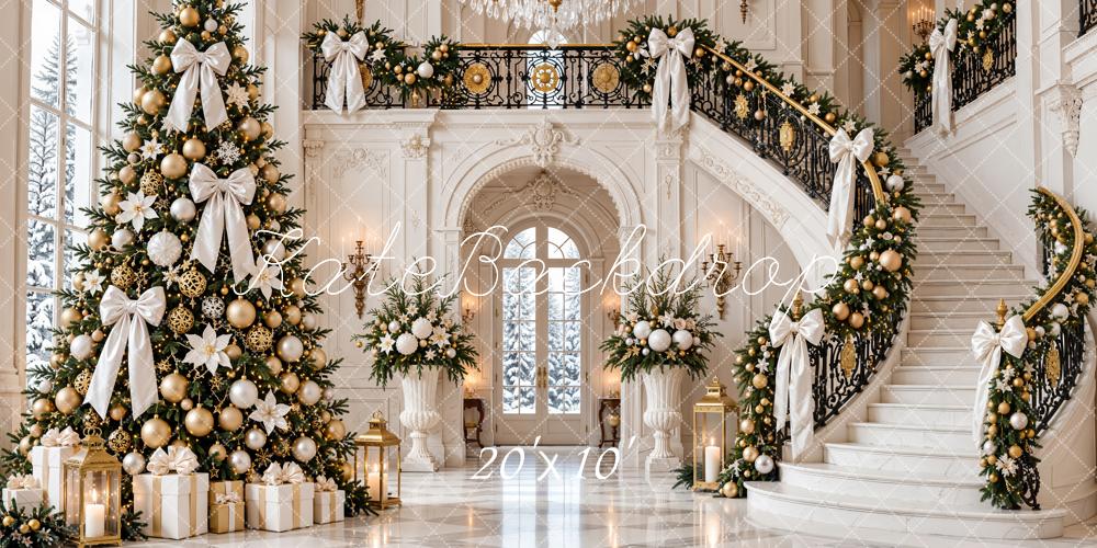 Kate Christmas Tree White Bow Grand Staircase Luxury Mansion Printed Backdrop Designed by Emetselch