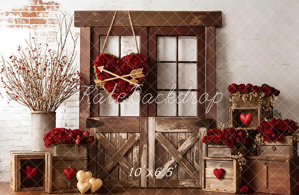 Kate Valentine's Day Rustic Barn Door Red Roses Heart Backdrop Designed by Emetselch