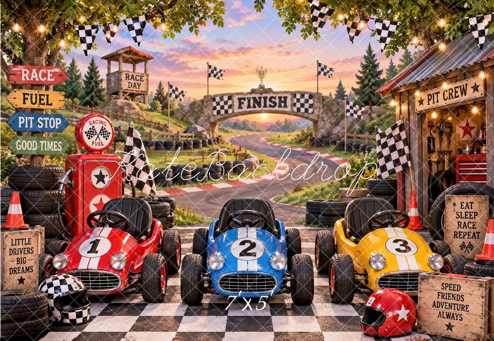 Kate Cake Smash Race Car Pit Stop Checkered Flags Printed Backdrop Designed by Laura Bybee