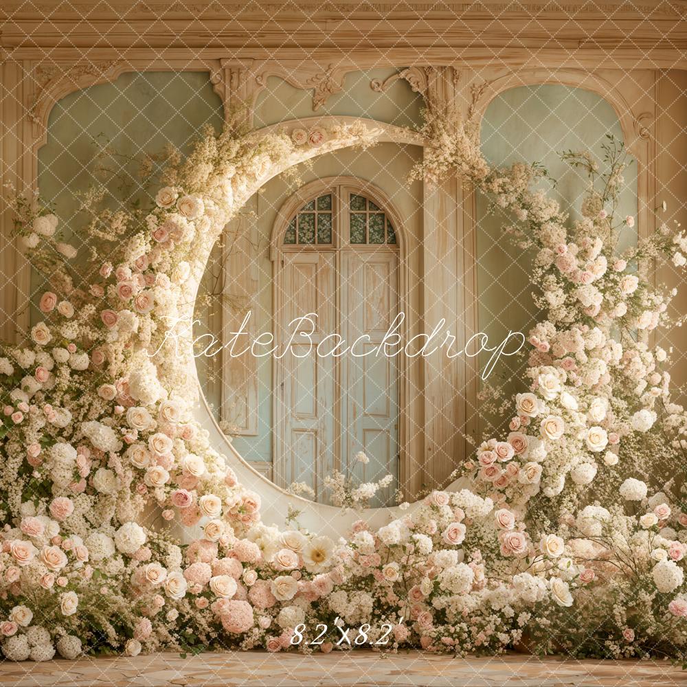 Kate Mother's Day Floral Moon Arch White Roses Wedding Printed Backdrop Designed by Emetselch