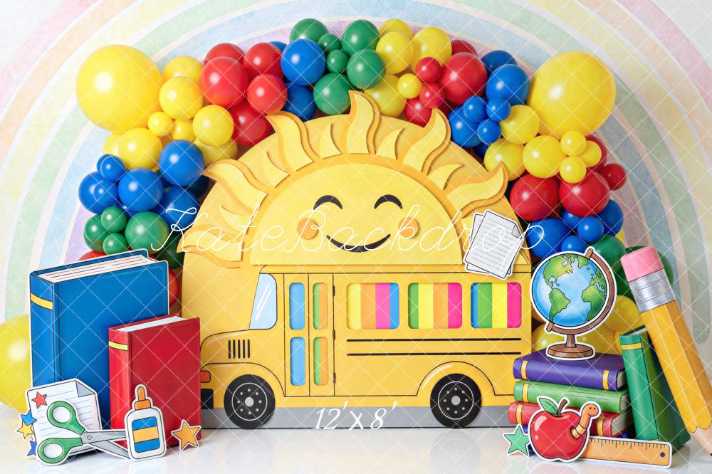 Kate Back To School School Bus Sun Rainbow Printed Backdrop Designed by Mini MakeBelieve