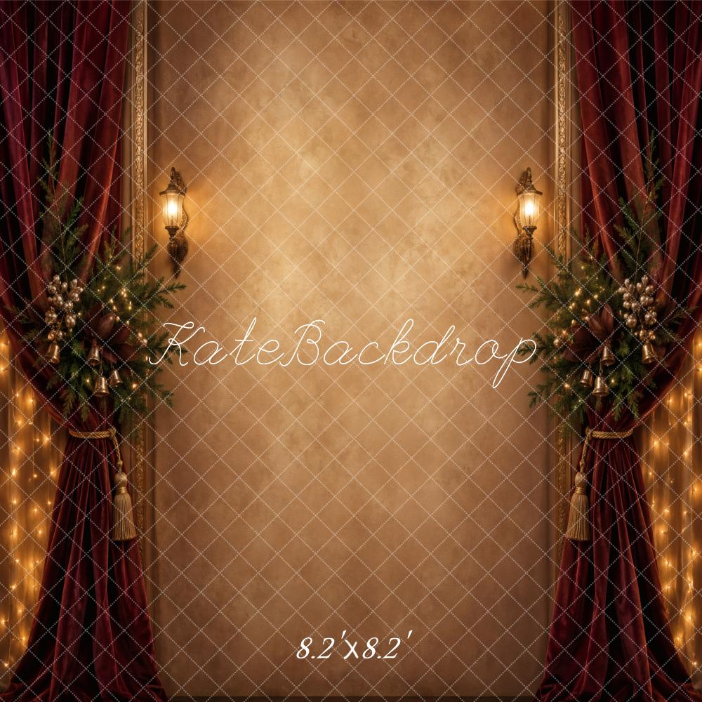 Kate Christmas Burgundy Drapes Garland Lanterns Printed Backdrop Designed by Vertigo Productions