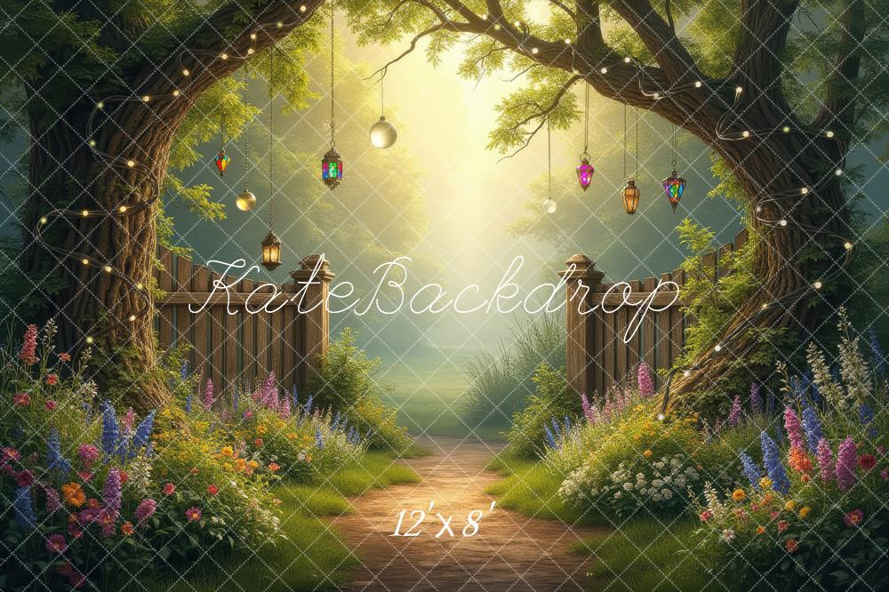Kate Fairy Fantasy Garden Trees Lanterns Path Printed Backdrop Designed by Laura Bybee
