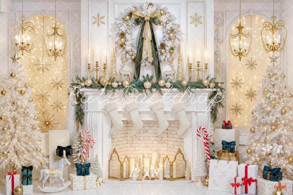 Kate Christmas White Gold Fireplace Wreath Trees Candlestick Printed Backdrop Designed by Mini MakeBelieve