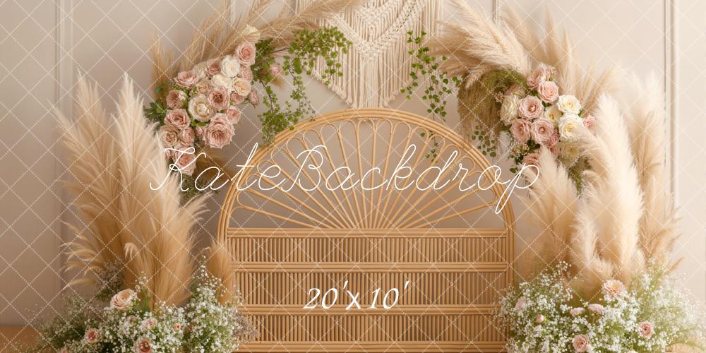 Kate Boho Headboard Rattan Flower Arch Pampas Grass Beige Printed Backdrop Designed by Emetselch