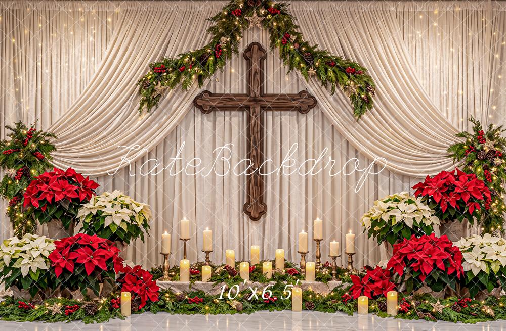 Kate Christmas Church Cross Altar Poinsettia Garland Printed Backdrop Designed by Angela Miller