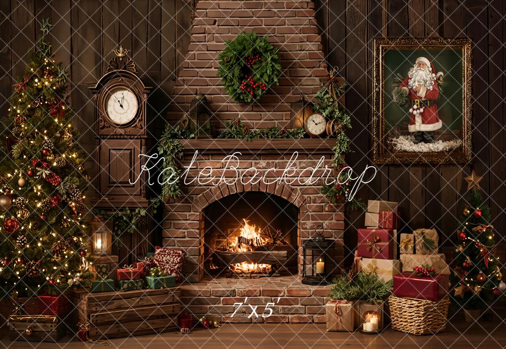 Kate Christmas Fireplace Tree Gifts Brick Wall Santa Printed Backdrop Designed by Emetselch