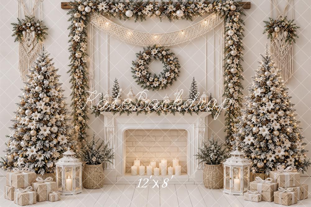 Kate Christmas Fireplace Boho Poinsettia Garland White Trees Gifts Printed Backdrop Designed by Emetselch