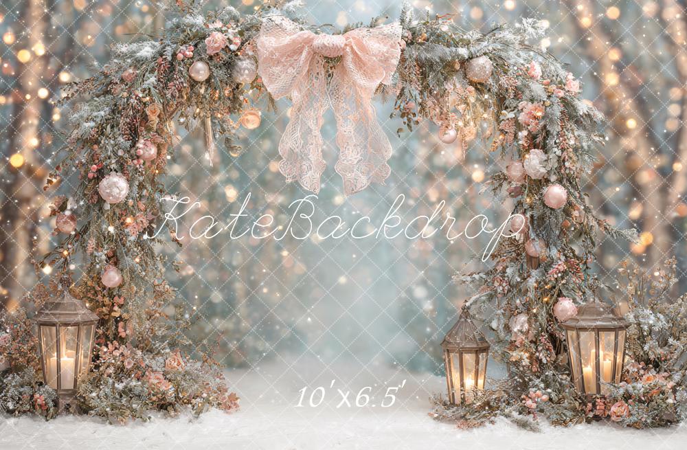 Kate Christmas Arch Pink Bow Lanterns Snowy Forest Backdrop Designed by Ashley Paul