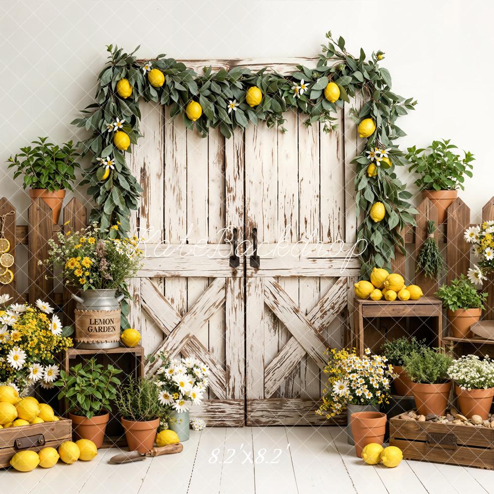 Kate Summer Lemon Garden Flowers Rustic Fence Barn Door Printed Backdrop Designed by Emetselch