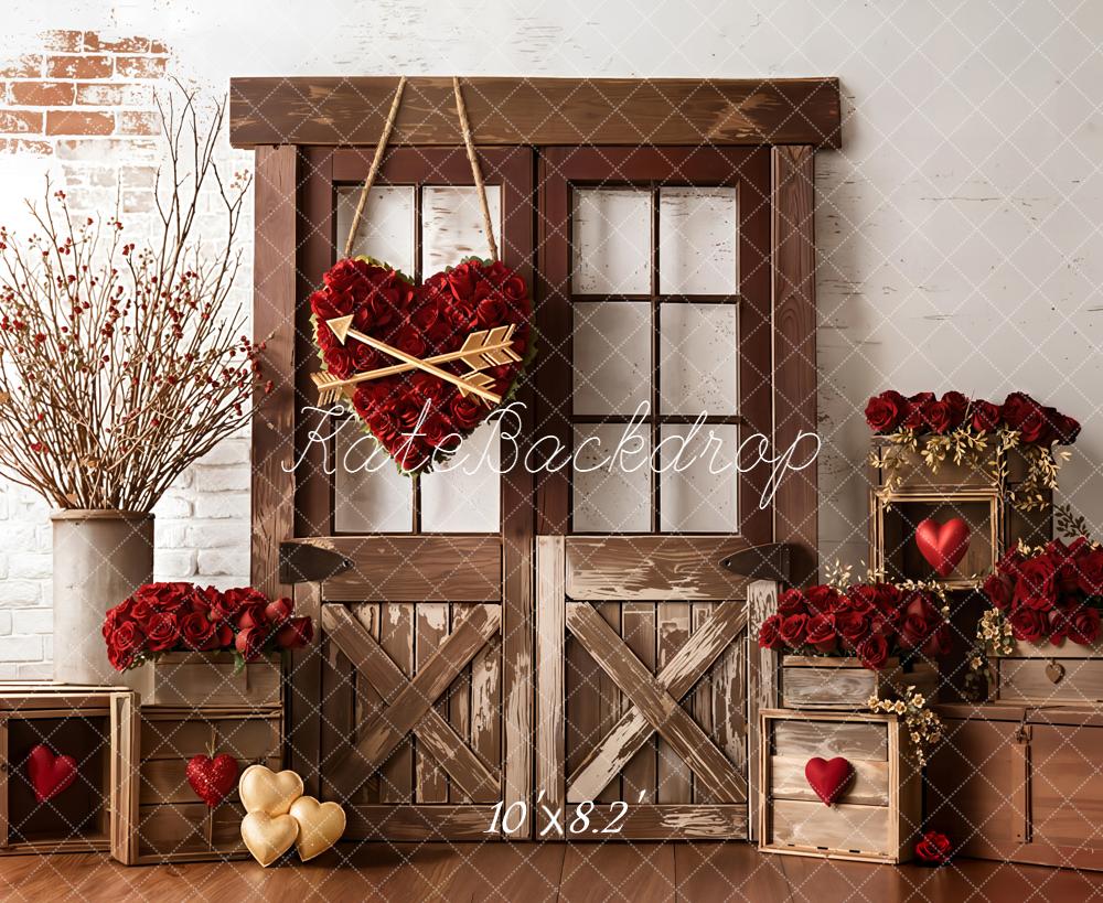 Kate Valentine's Day Rustic Barn Door Red Roses Heart Backdrop Designed by Emetselch