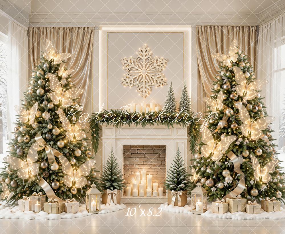 Kate Christmas Trees Butterfly Lights Fireplace Snowflake Printed Backdrop Designed by Emetselch