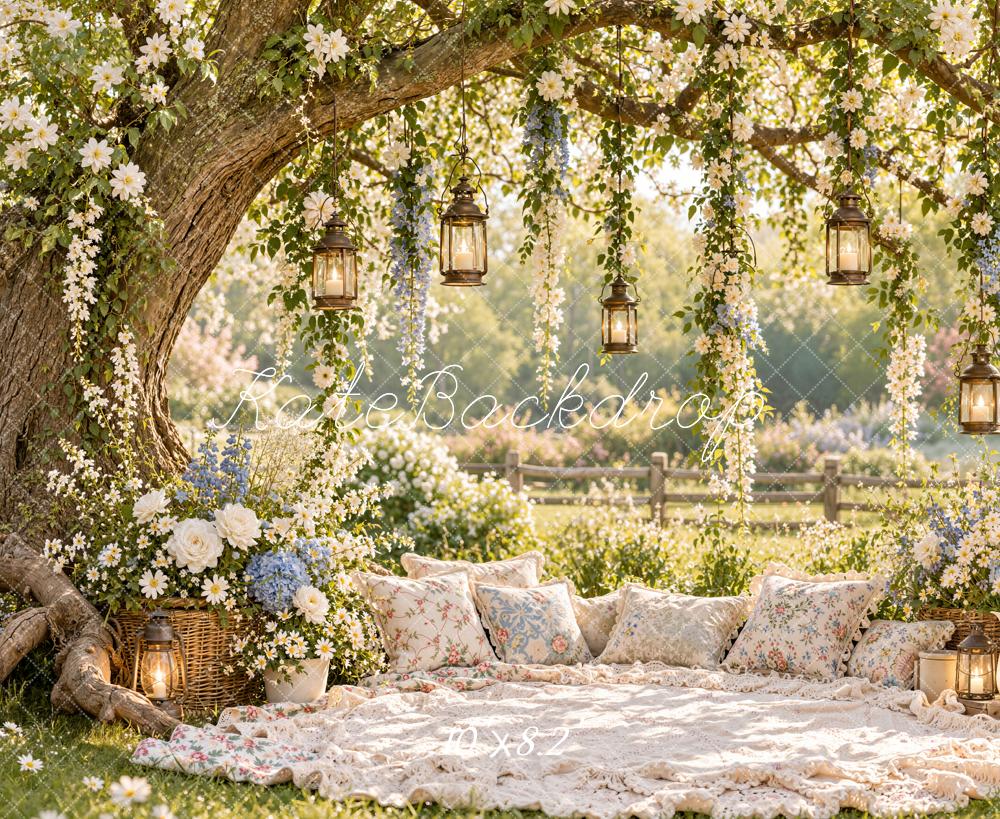 Kate Spring Branch Arch Floral Tree Picnic Hanging Lanterns Printed Backdrop Designed by Emetselch