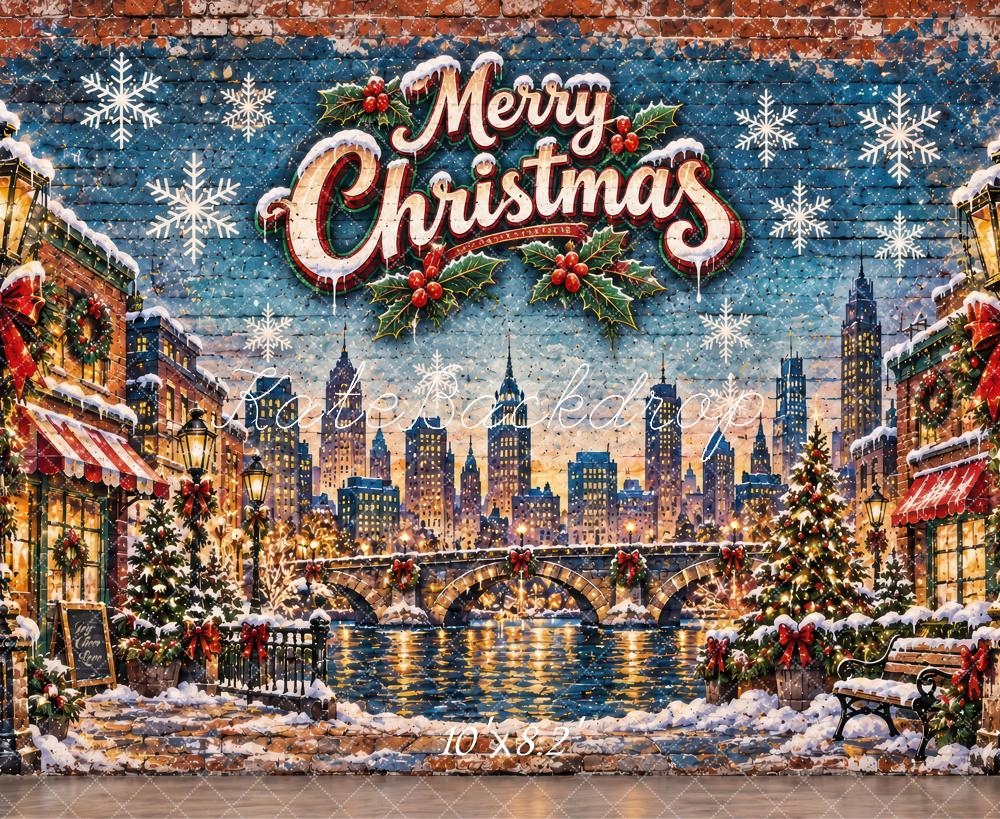 Kate Christmas Snowy Cityscape Bridge Graffiti Printed Backdrop Designed by Laura Bybee