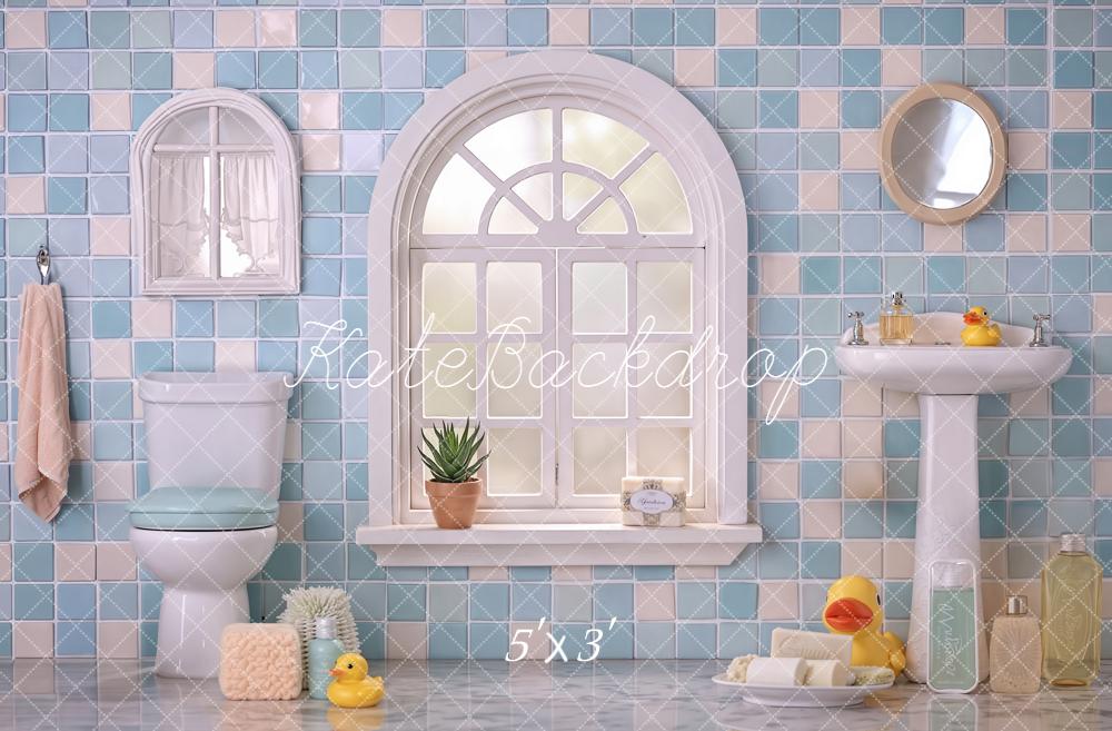 Kate Summer Blue Bathroom Tile Window Sink Toilet Rubber Duck Printed Backdrop Designed by Emetselch