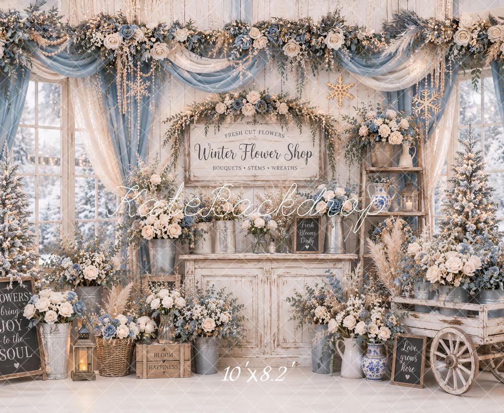 Kate Winter Flower Shop Blue Floral Cart Garland Drapes Printed Backdrop Designed by Ashley Paul
