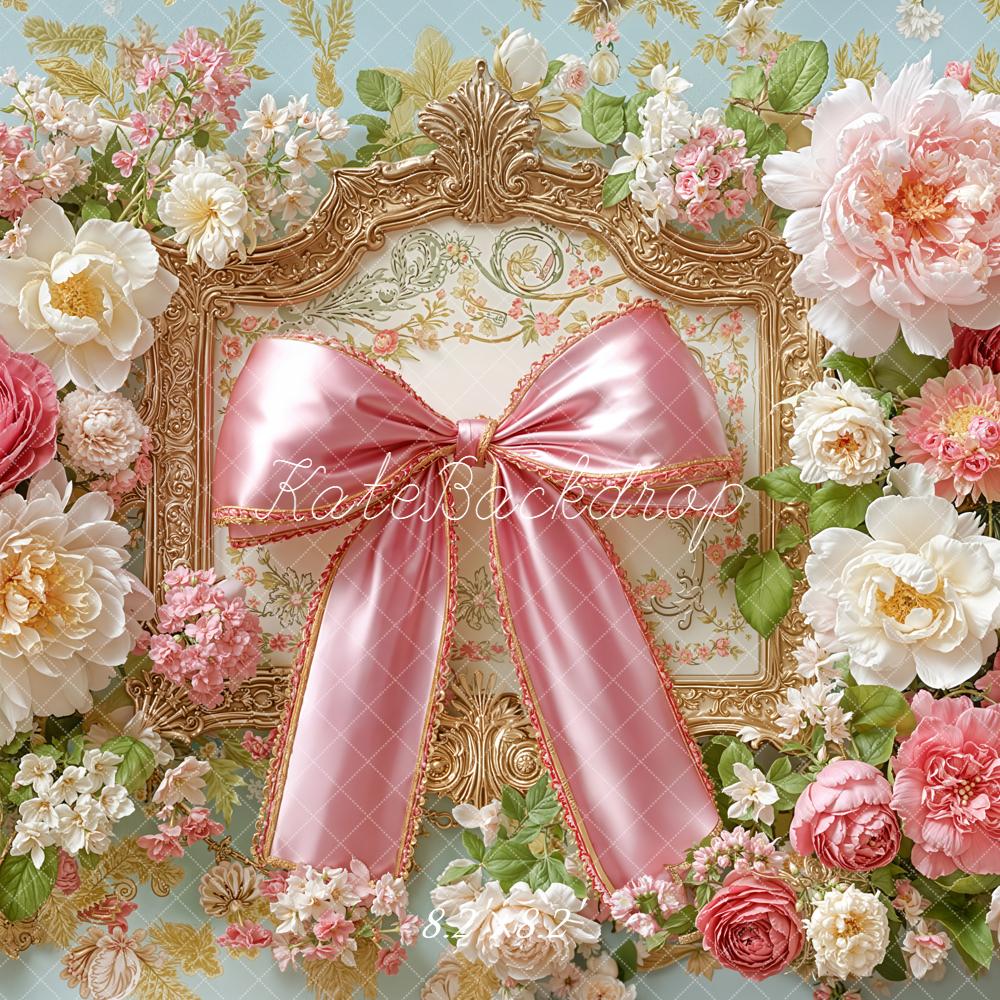 Kate Spring Pink Floral Bow Ornate Frame Backdrop Designed by Emetselch