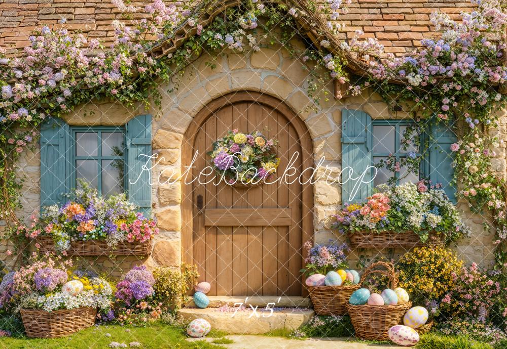 Kate Easter Bunny Floral Cottage Door Printed Backdrop Designed by Emetselch