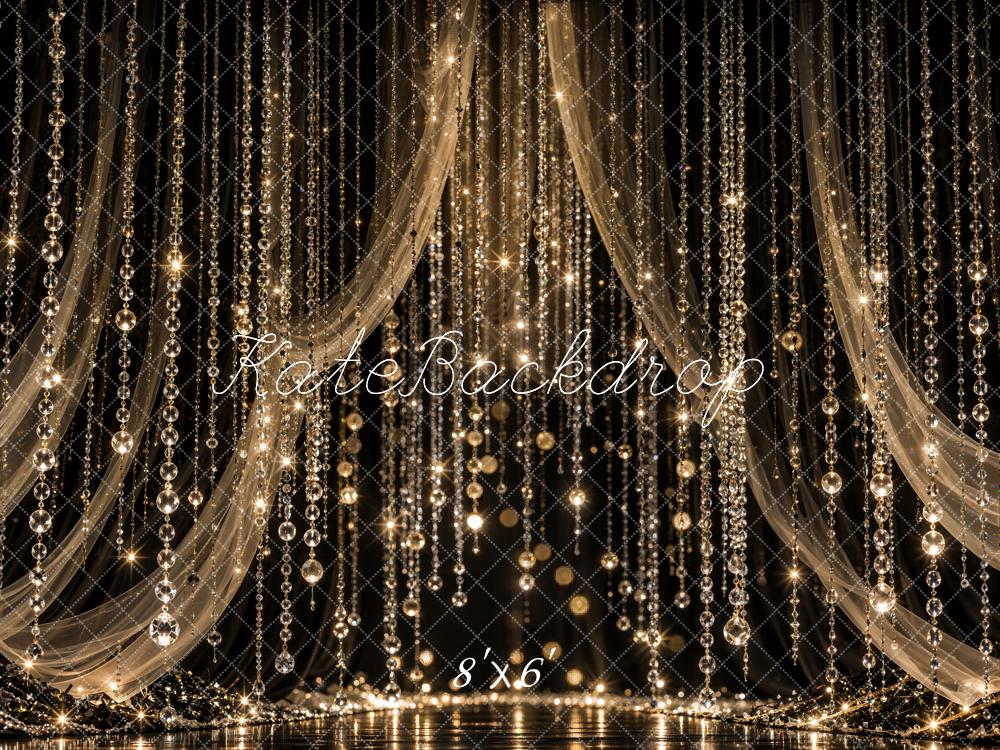 Kate Celebration Black Gold Crystal Bead Curtain Drapery Printed Backdrop Designed by Emetselch