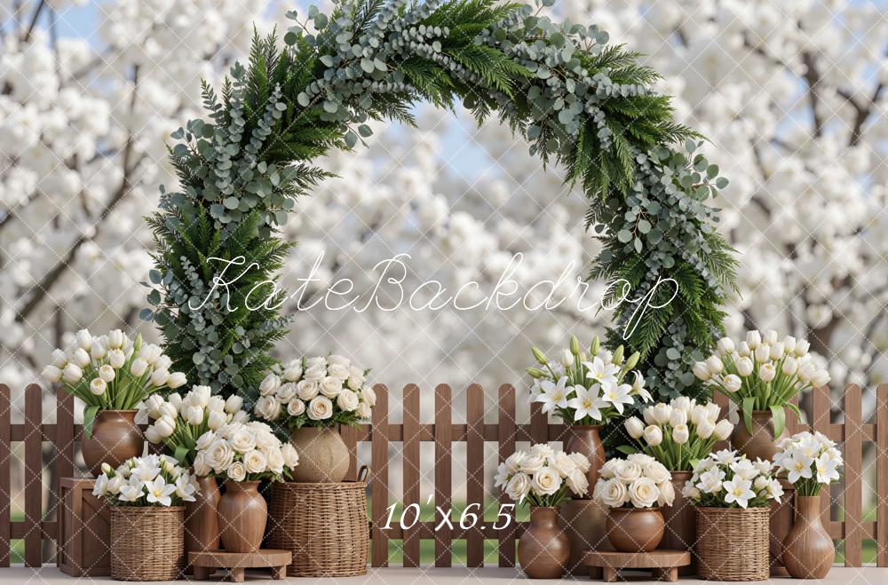 Kate Spring Flower Arch White Tulips Roses Wicker Basket Fence Spring Backdrop Designed by Mini MakeBelieve