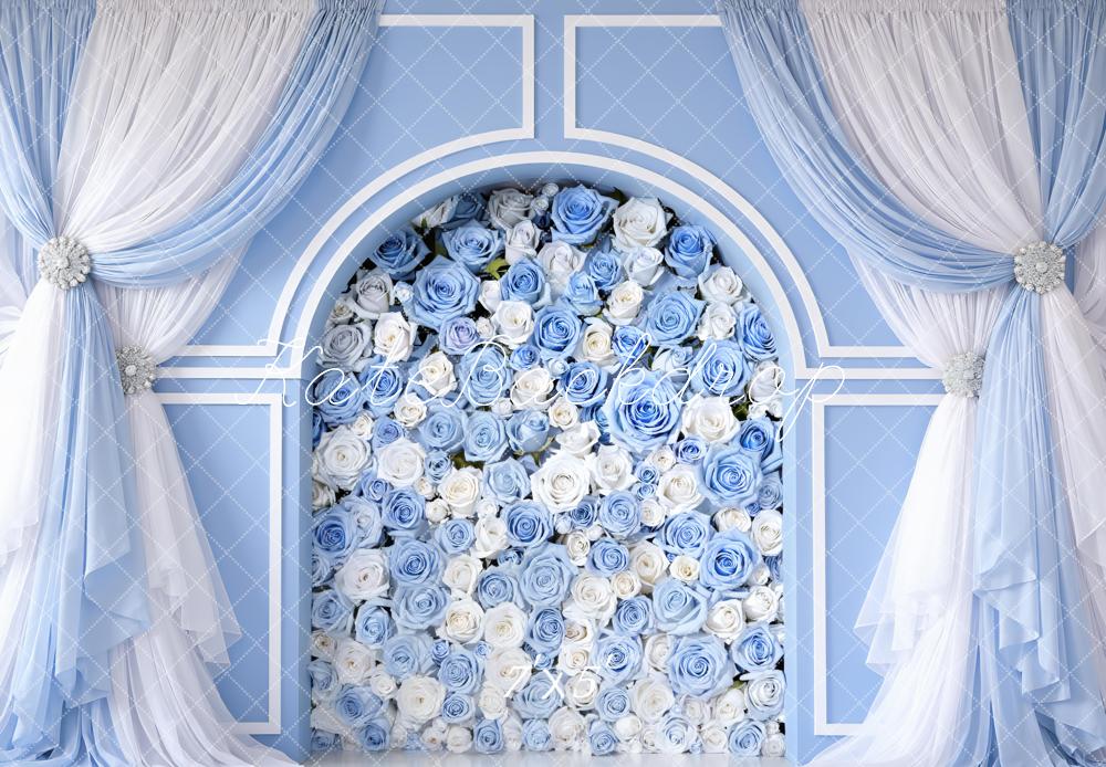 Kate Blue Flower Arch White Rose Curtain Printed Backdrop Designed by Mini MakeBelieve