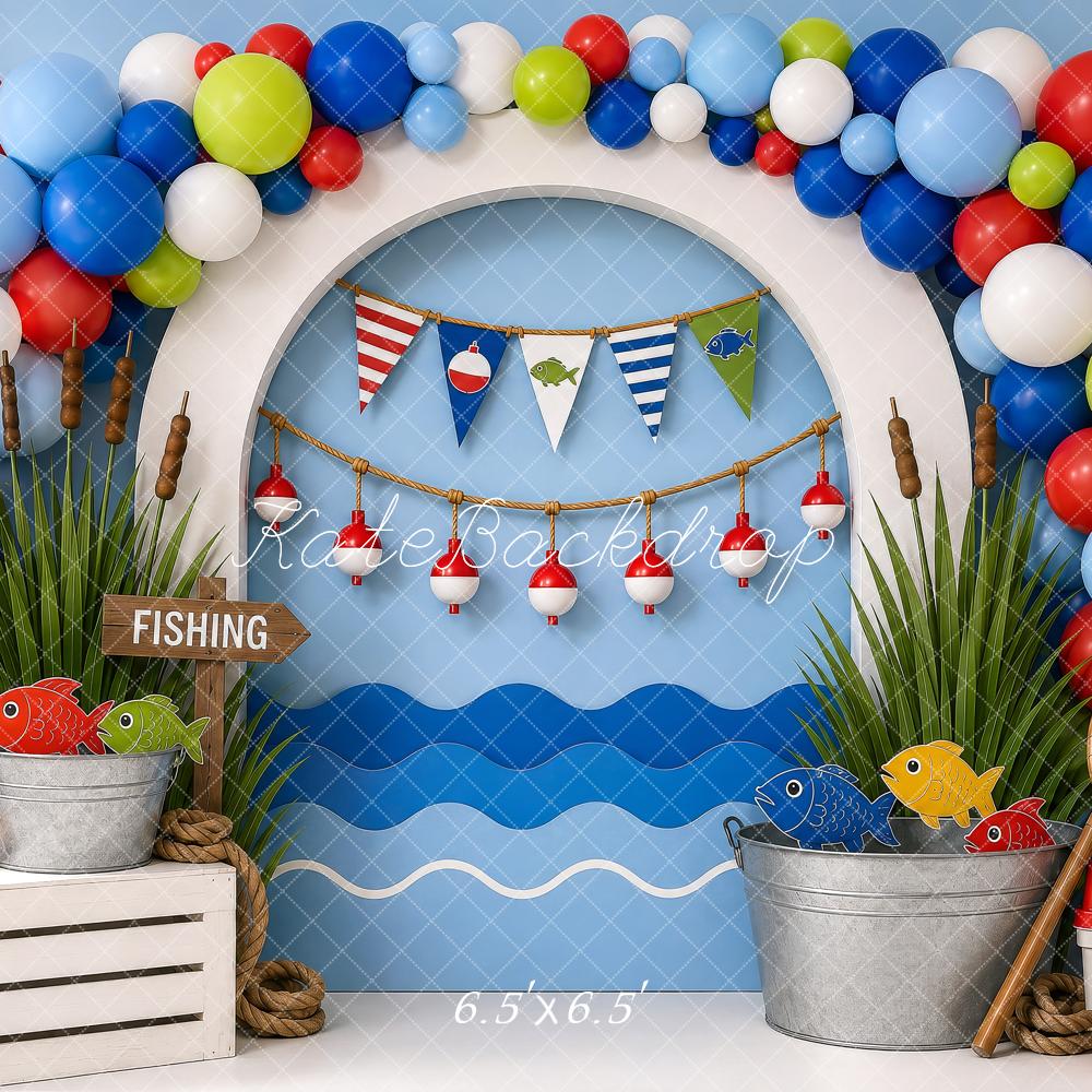 Kate Cake Smash Fishing Arch Balloons Fish Waves Printed Backdrop Printed Backdrop Designed by Shutter Swan Studios