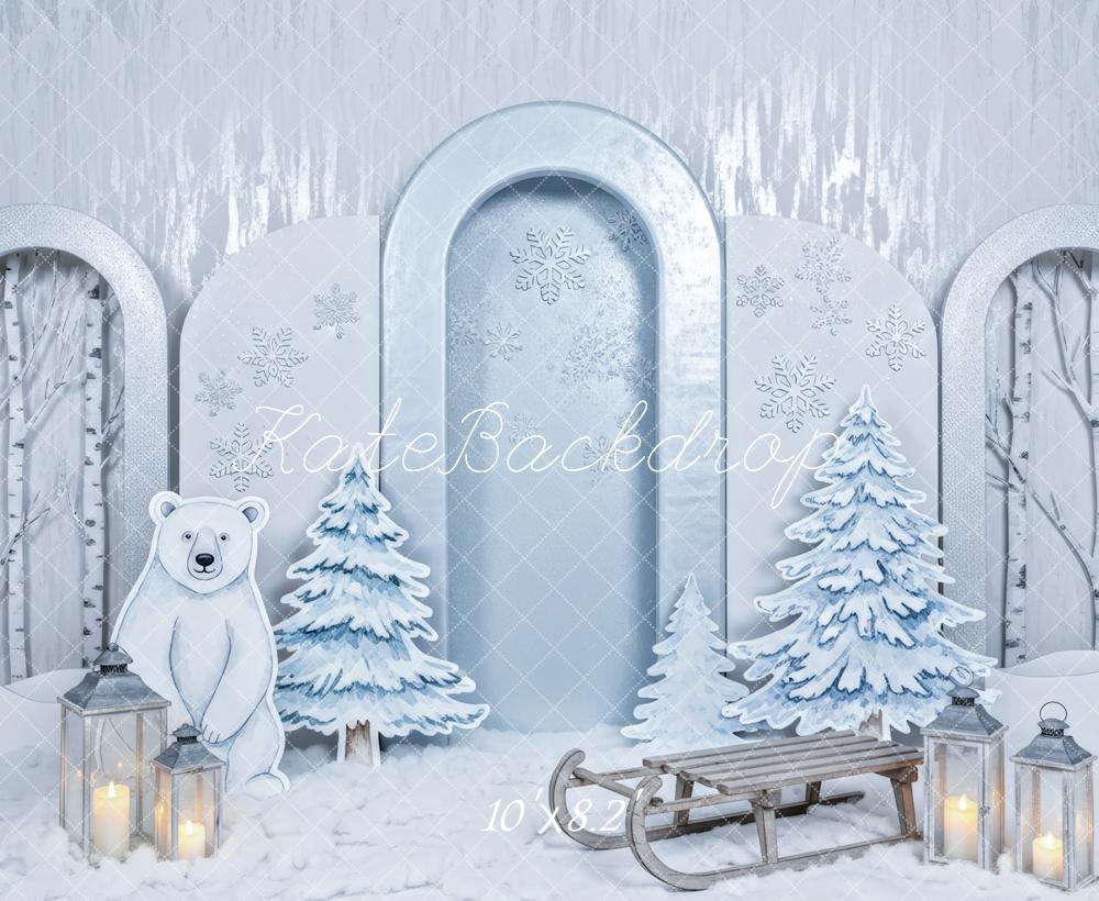Kate Winter Cake Smash Polar Bear Snowy Trees Sled Printed Backdrop Designed by Patty Roberts