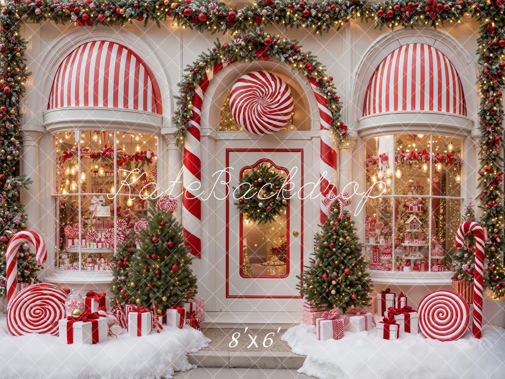 Kate Christmas Candy Shop Peppermint Candy Canes Trees Striped Awning Printed Backdrop Designed by Emetselch