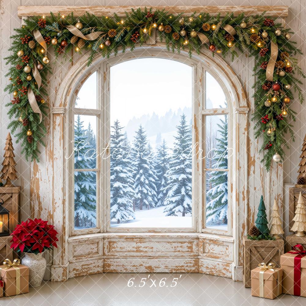 Kate Christmas Vintage Window Garland Gifts Snowy Forest Printed Backdrop Designed by Mini MakeBelieve