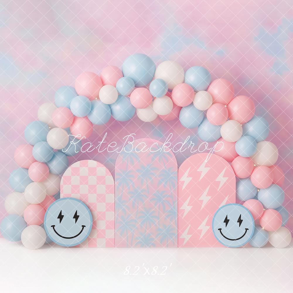 Cake Smash Glimlach Gezicht Pastel Ballonboog Foto Achtergrond Designed by Ashley Paul