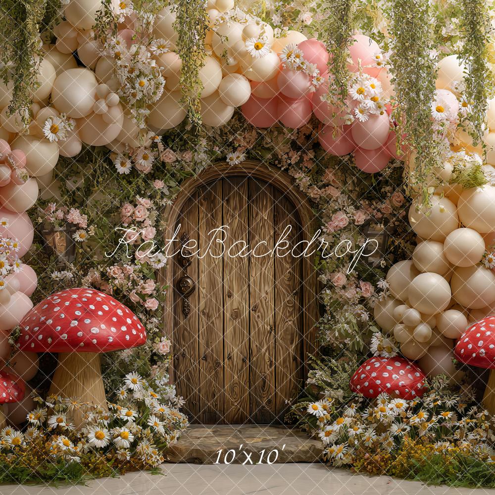Kate Fairy Spring Balloon Arch Wooden Door Mushrooms Flowers Backdrop Designed by Ashley Paul