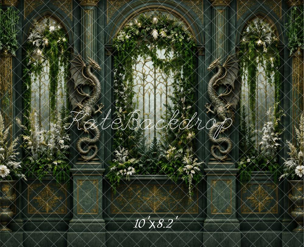 Kate Fantasy Dragon Gothic Arch Window Garden Printed Backdrop Designed by Vertigo Productions
