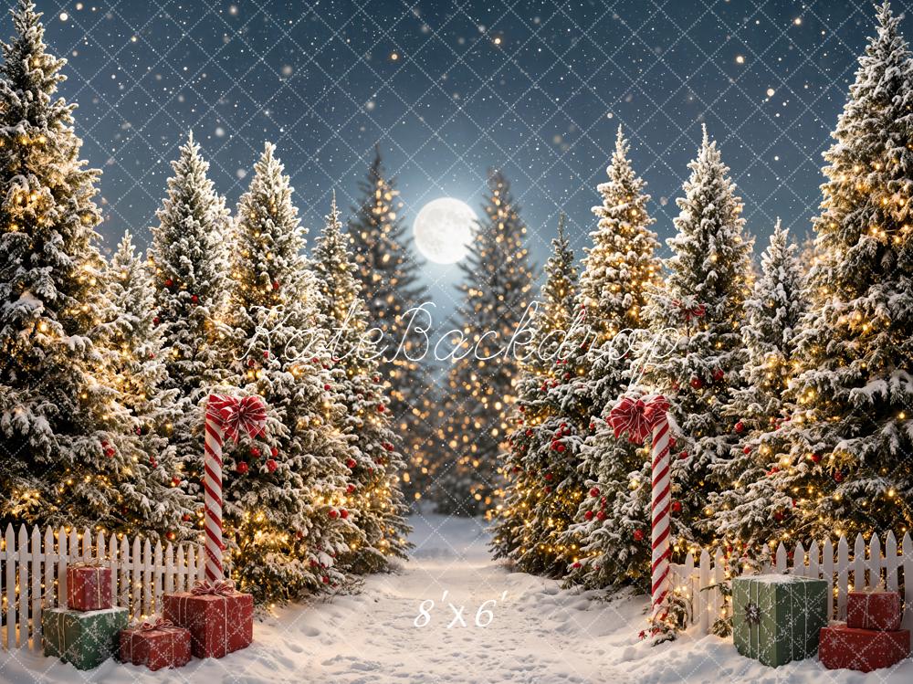 Kate Christmas Snowy Pine Trees Presents Moonlight Printed Backdrop Designed by Emetselch