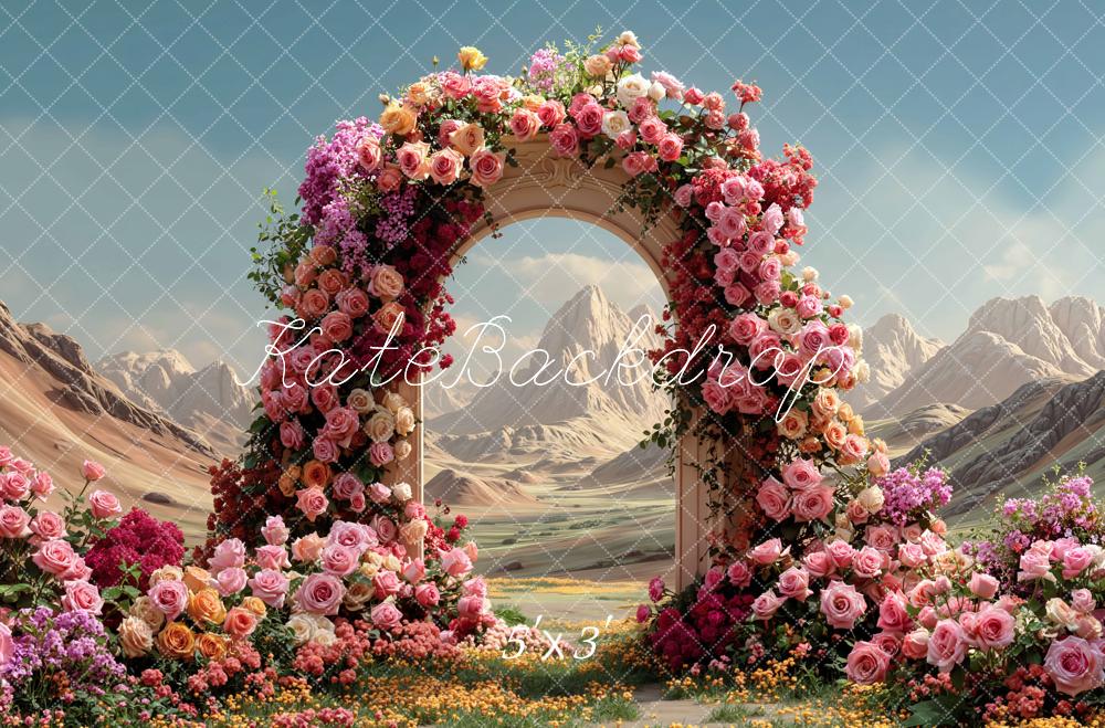Kate Spring Flower Arch Desert Mountains Printed Backdrop Designed by Mini MakeBelieve