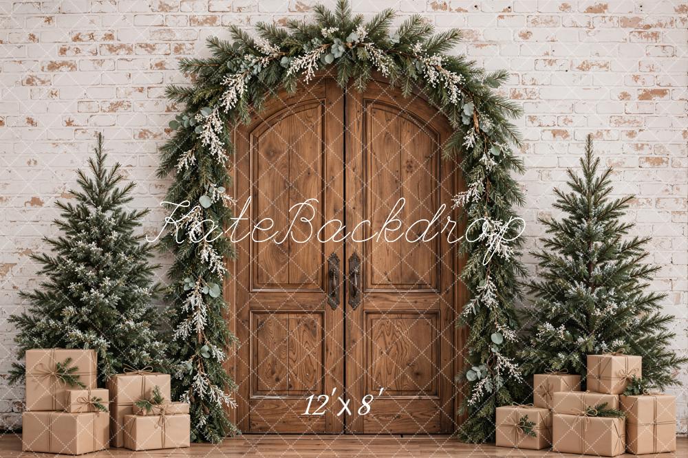 Kate Christmas Rustic Wood Arched Door Garland Trees Gifts Printed Backdrop Designed by Emetselch