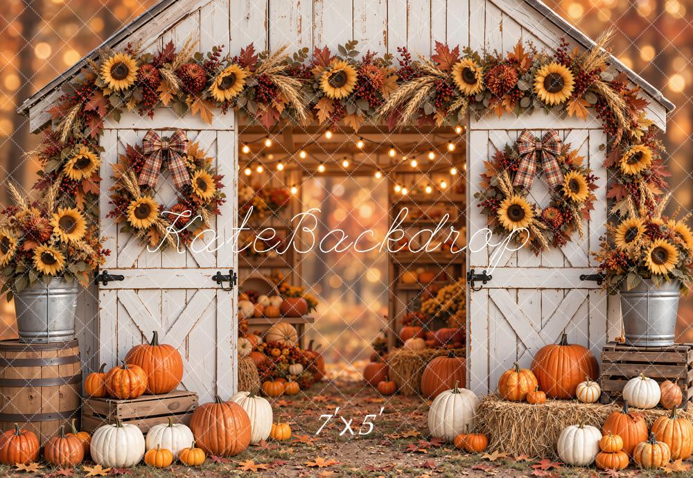 Kate Fall Barn Door Sunflower Wreath Pumpkin Maple Printed Backdrop Designed by Emetselch