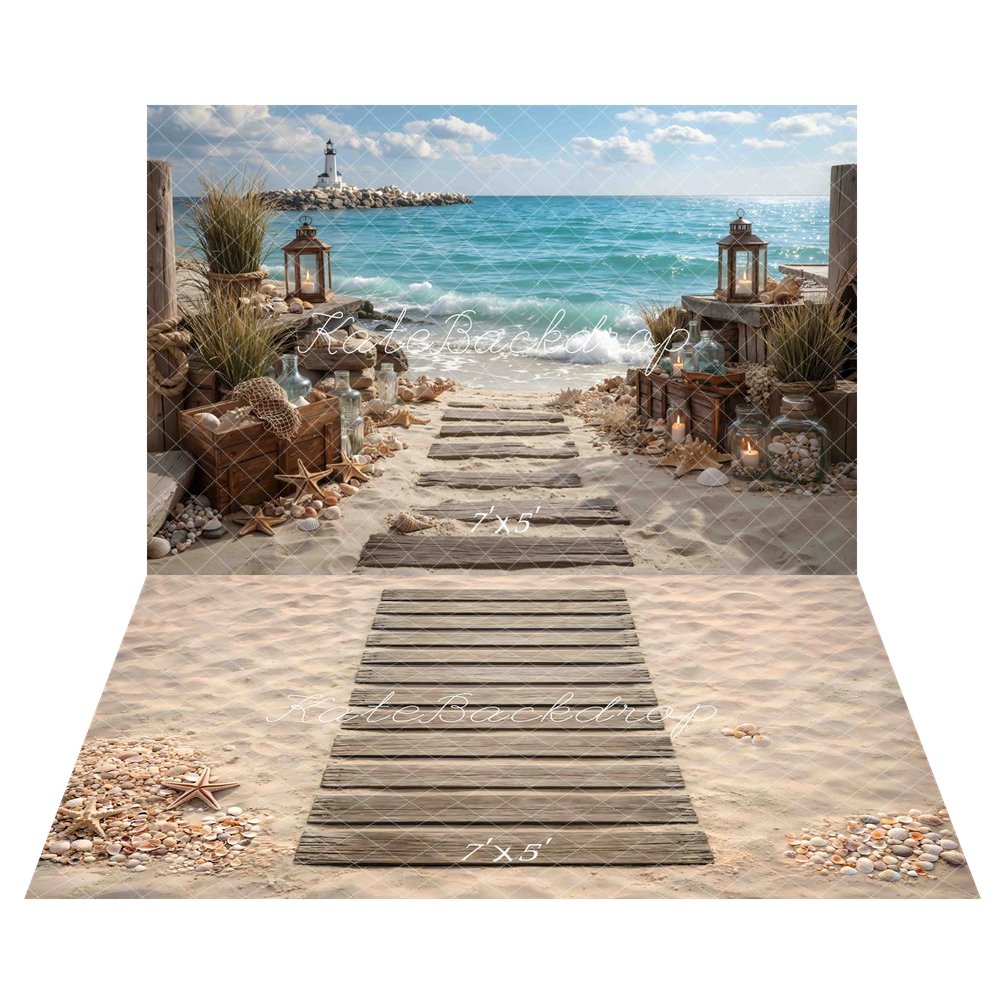 Kate Beach Lighthouse Lantern Coastal Pathway Printed Backdrop+Beach Boardwalk Sand Seashells Starfish Floor Printed Backdrop