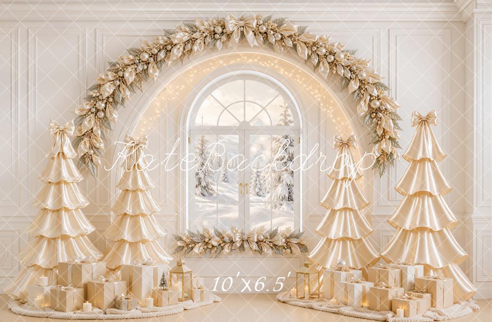 Kate Christmas Gold Satin Trees Garland Window Gifts Printed Backdrop Designed by Emetselch
