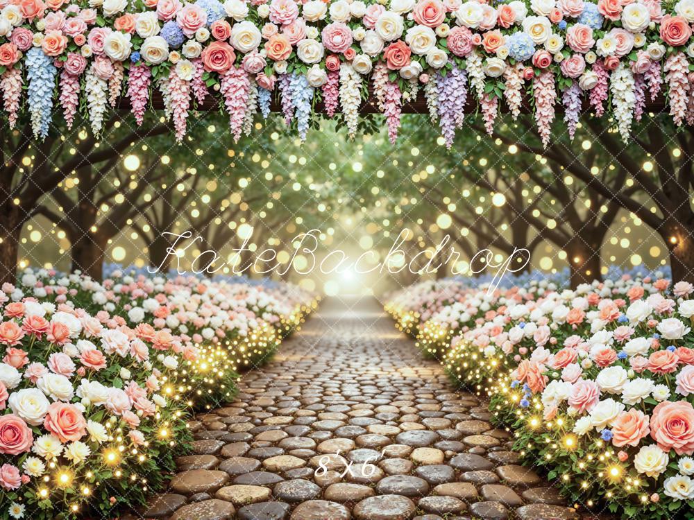 Kate Spring Flower Arch Cobblestone Pathway Bokeh Printed Backdrop Designed by Mini MakeBelieve