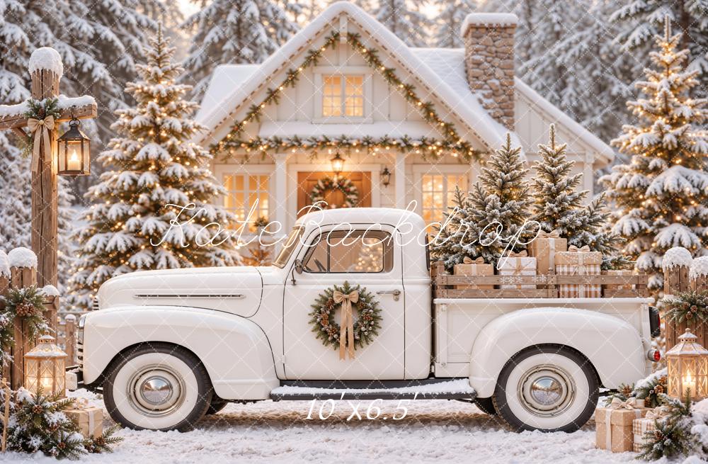 Kate Christmas White Vintage Truck Snowy Cabin Printed Backdrop Designed by Emetselch