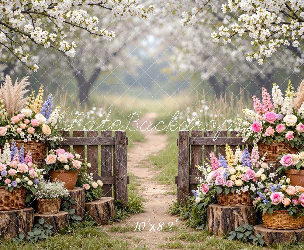Kate Spring Blossom Garden Wooden Gate Flower Baskets Printed Backdrop Designed by Mini MakeBelieve