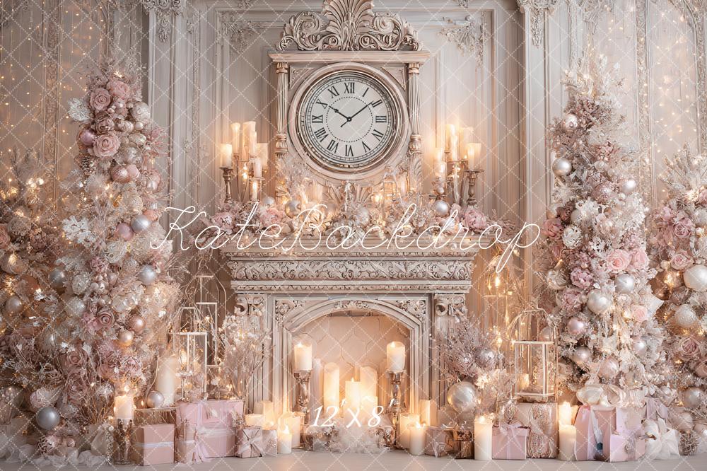 Kate Christmas Fireplace Clock Candles Tree Pink Luxury Backdrop Designed by Ashley Paul