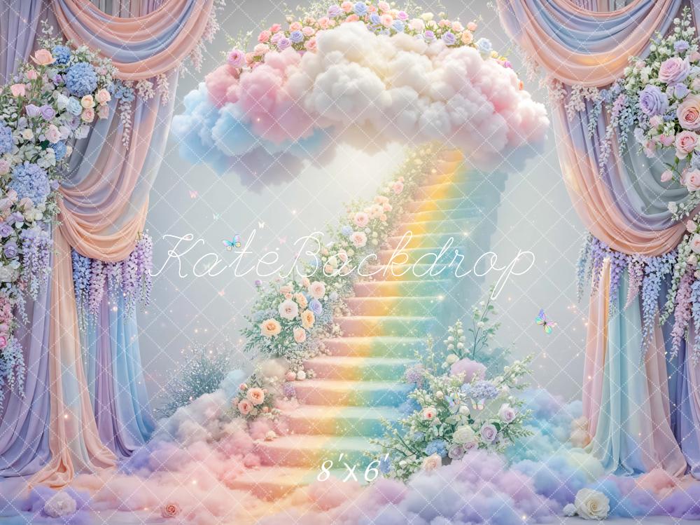 Kate Fairy Fantasy Rainbow Stairs Cloud Floral Arch Printed Backdrop Designed by Mini MakeBelieve