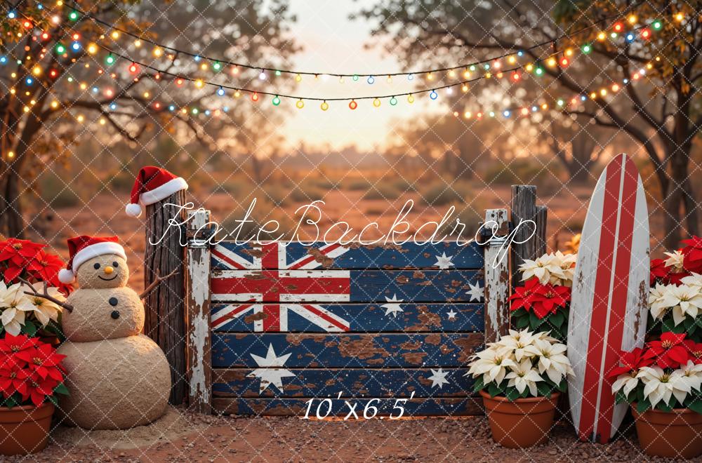Kate Christmas Australian Flag Fence Sandman Surfboard Printed Backdrop Designed by Mini MakeBelieve