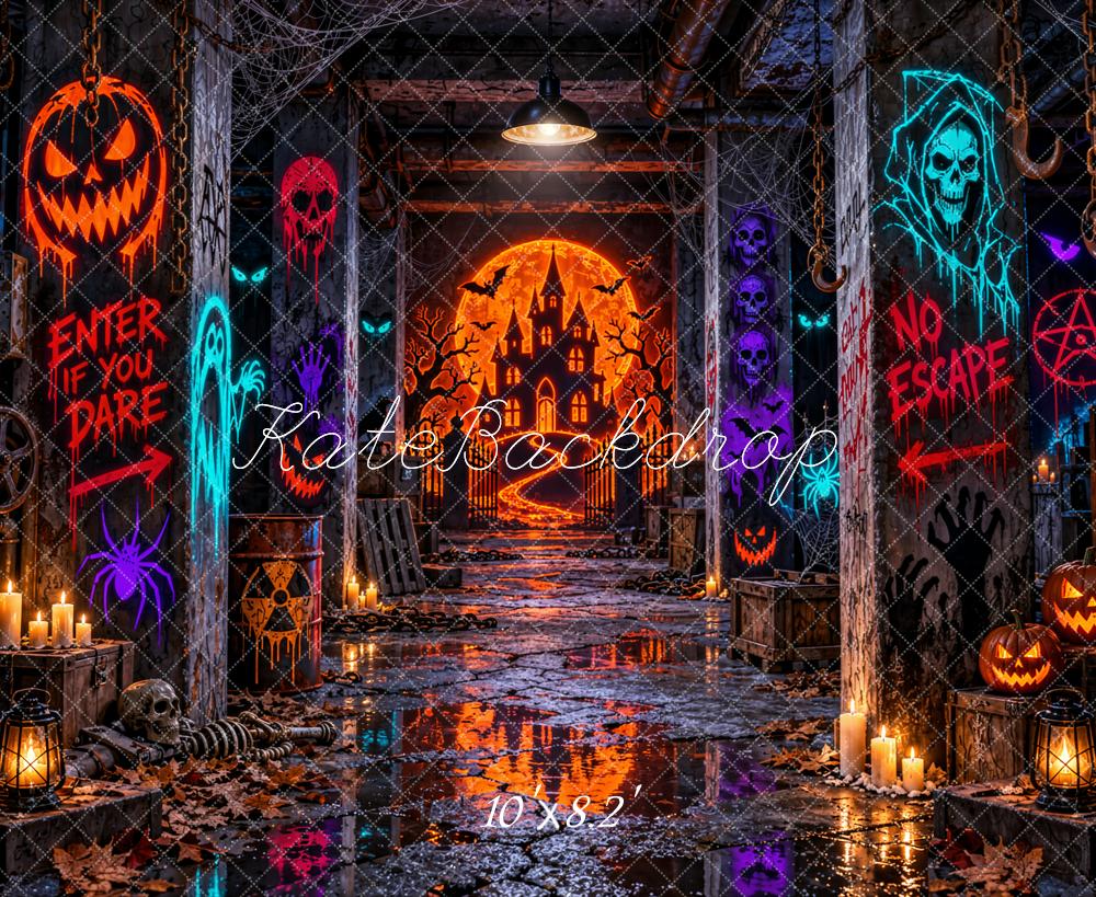 Kate Halloween Haunted Castle Hallway Pumpkins Printed Backdrop Designed by Emetselch