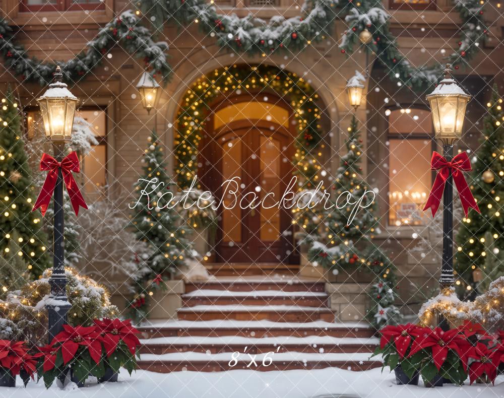 Kate Christmas Snowy Porch Garland Red Bows Lamppost Backdrop Designed by Emetselch