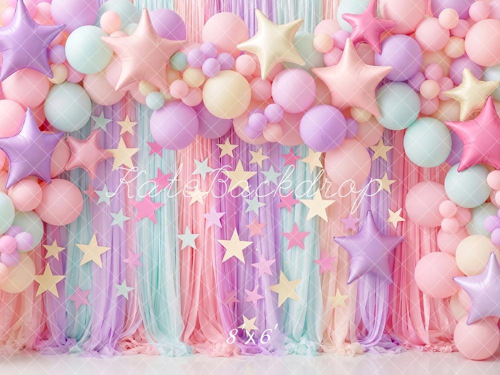 Kate Birthday Party Pastel Balloon Star Curtain Printed Backdrop Designed by Angela Miller