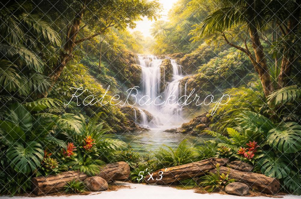 Kate Jungle Waterfall Logs Tropical Plants Printed Backdrop Designed by Megan Leigh Photography