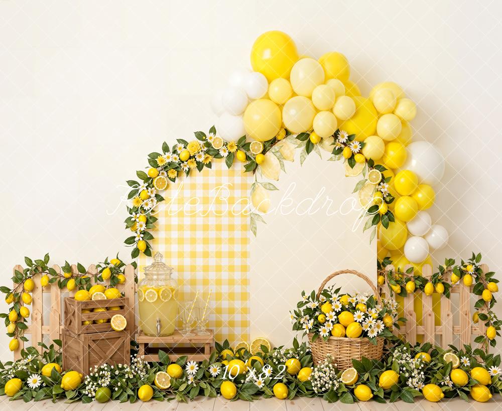 Kate Cake Smash Lemon Balloon Arch Crates and Basket Printed Backdrop Designed by Emetselch
