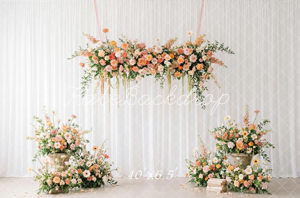 Kate Spring Flower Arch Peach and White Floral Arrangement Printed Backdrop Designed by Patty Roberts